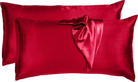Komfortec Set de 2 Taies d'oreiller Satin 40x80 cm - Housse de Coussin - Micro Satin - Kussensloop avec Fermeture Éclair - Rouge