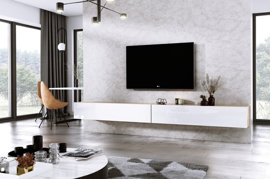 Meubel Square - TV meubel DIAMOND - Eiken / Hoogglans Wit - 300cm (2x150cm) - Hangend TV Kast