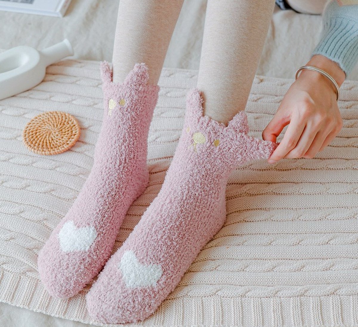 Fluffy warme dames sokken dikke sokken roze / zalm print kat / oren / hart 3640