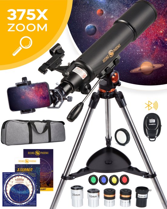 RP® Telescoop 375x Zoom incl 4 lenzen en Filterset - Sterrenkijker Volwassenen / Gevorderden - Verstelbaar Statief - Afstandsbediening, Planisfeer, Leerboek en Smartphone Adapter + Poster - CARBON