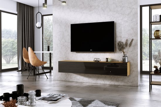 Meubel Square - TV meubel DIAMOND - Eiken / Hoogglans Zwart - 180cm - Hangend  TV Kast | bol