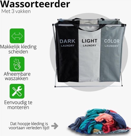 Wasmand 3 Vakken - Wassorteerder - Wamand - Wasbox - Organizer Kleding - Waszakken Voor Wasgoed - Laundry Basket - Dubbele Wasmand