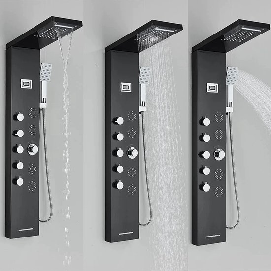 Massage Douchepaneel Zwart Douche Waterval Jets Regendouche