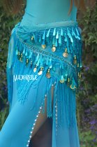 Buikdans heupsjaal turquoise met druppelvormige pailletjes