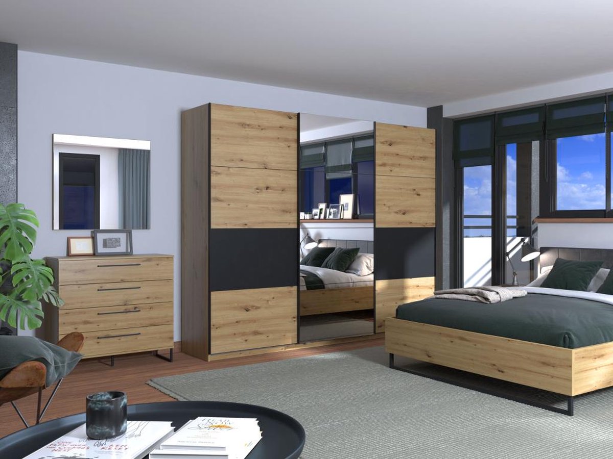 Armoire 3 portes coulissantes Avec miroir L.263 cm Naturel et