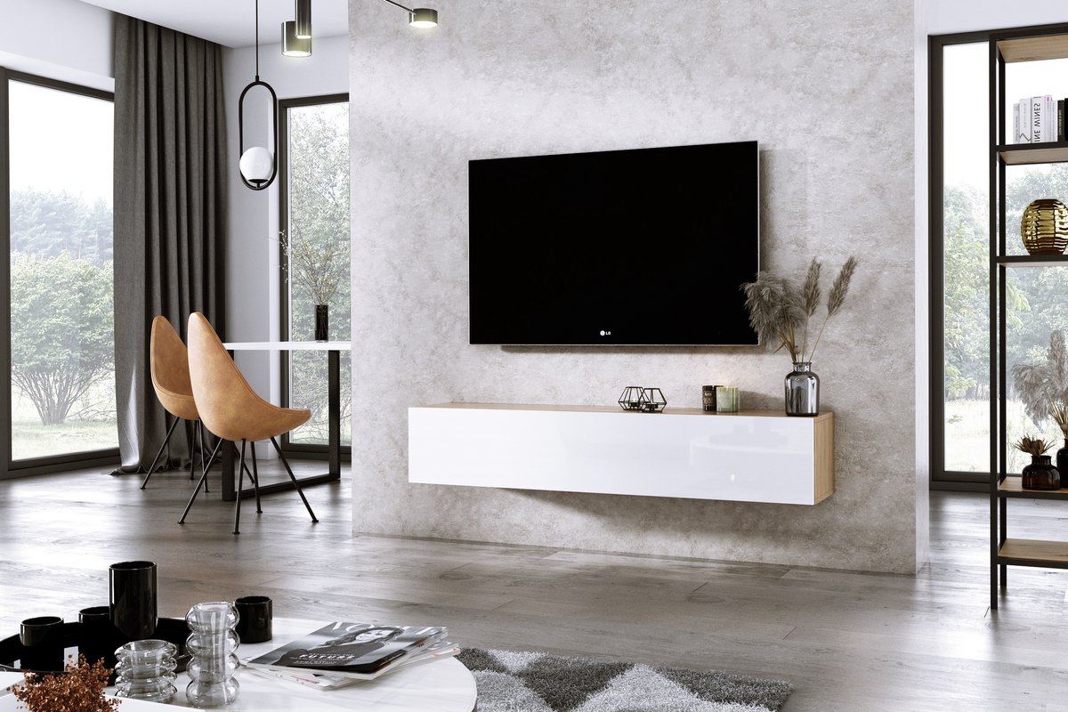 Meubel Square TV meubel DIAMOND - Eiken / Hoogglans Wit - 150cm - Hangend TV Kast