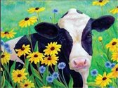 Levendige Diamond Painting van koe in bloemrijk weiland, 80x60 cm, perfect voor ontspanning en decoratie.