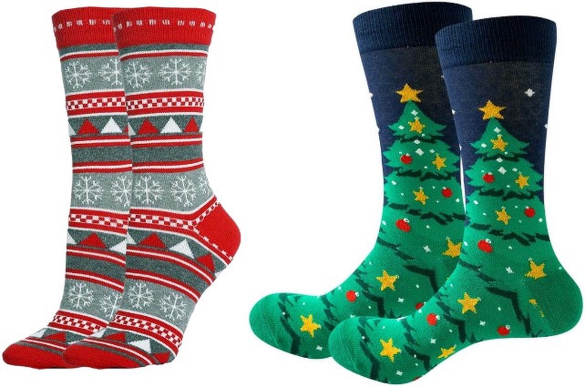 ASTRADAVI Christmas Socks - Sokken - 2 Paar Kerstsokken - Premium Katoenen Normale Sokken - 40/46 - Rood, Groen, Marineblauw, Grijs - Kerstcadeau Idee