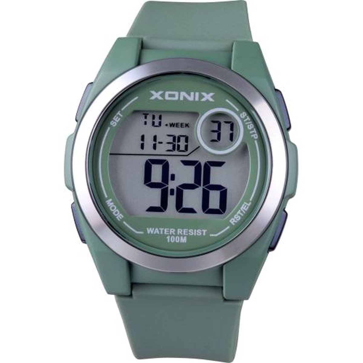 Xonix KQ-B02 - Horloge - Digitaal - Heren - Mannen - Siliconen band - ABS - Cijfers - Achtergrondverlichting - Alarm - Start-Stop - Chronograaf - Tweede tijdzone - Waterdicht - 10 ATM - Groen - Zwart - Zilverkleurig
