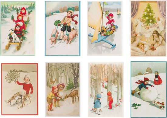 Nostalgische kerstkaarten - 8 stuks - SF- Klassieke Vintage afbeeldingen - Winter - Sneeuw - Feestelijk - Jaarwisseling - Oude Brocante kerstkaarten