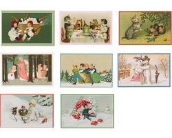 Nostalgische kerstkaarten - 8 stuks - Klassieke Vintage afbeeldingen - Winter - Sneeuw - Feestelijk - Jaarwisseling - Oude Brocante kerstkaarten