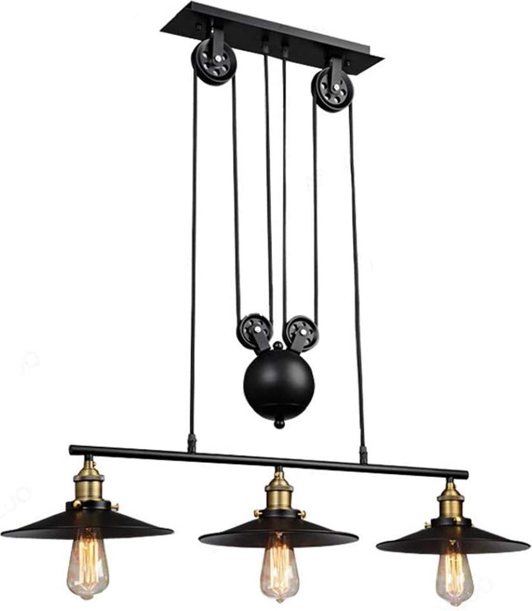 Hanglamp 3 delig | Verstelbaar | Retro | max. 150cm | industrieel | Vintage | e27 |Zwart | Plafondlamp | Lamp Keukeneiland | Katrol | Edison | Vintage | Loft