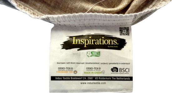 Label met 'Inspirations' merknaam, '100% Katoen' en wasinstructies.