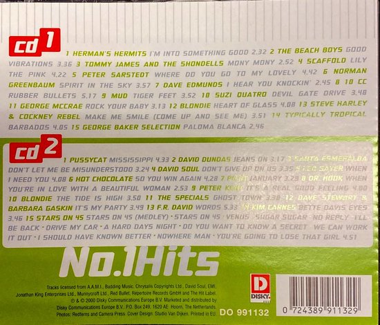 Achterkant albumhoes No.1 Hits met tracklist van CD1 en CD2 en Disky logo.