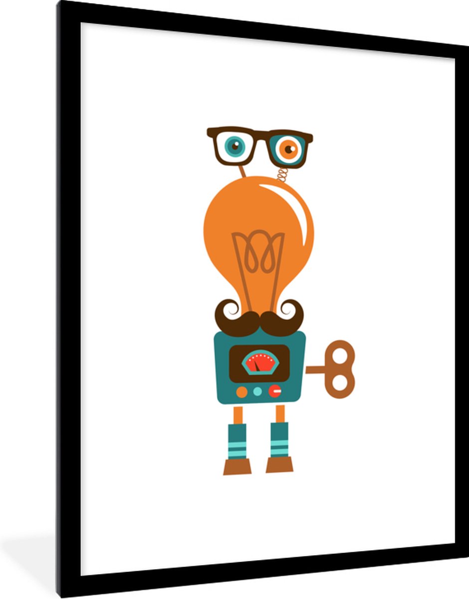 Poster in lijst - Fotolijst 60x80 cm - Posters - Robot - Bril - Gloeilamp - Snor - Kindere