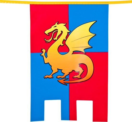 Een banier met rode en blauwe vlakken, met een gouden draak.