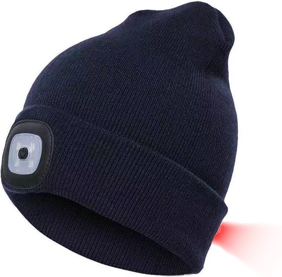 BONNET LED rechargeable bleu foncé avec lumière blanche à l'avant et lumière rouge à l'arrière, votre garantie de sécurité et de confort