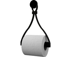 Leren toiletrolhouder 'Triangle' - met Zuignap én schroef - Handles and more® | ZWART - roldrager: Zwart rondhout - knop: Zwart