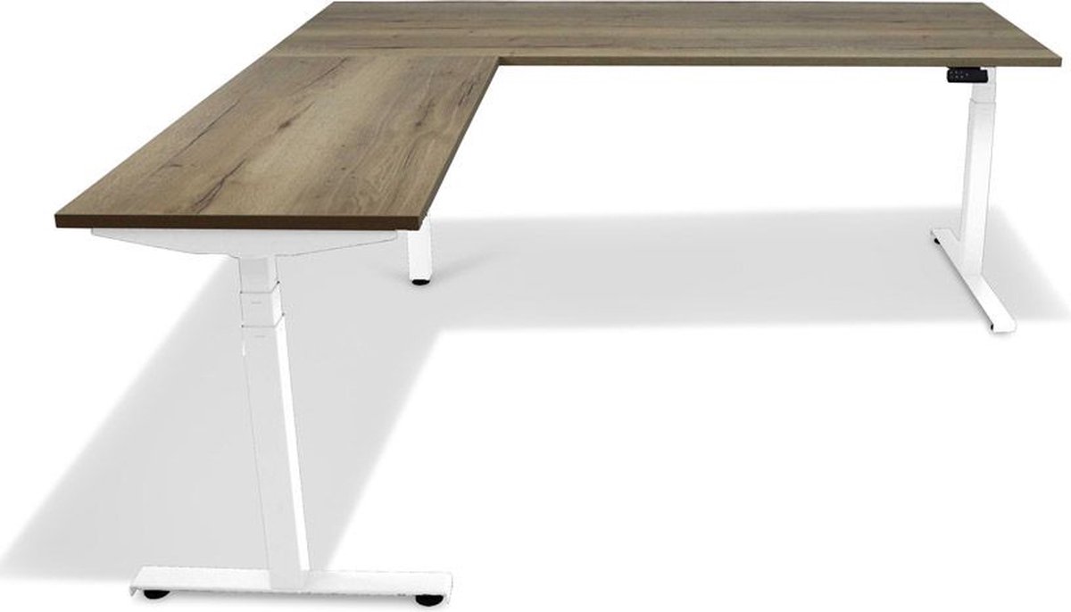 Roomforthenew Heathrow Hoek - Bureau - Bureautafel - Gaming bureau - Computertafel - Hoekbureau – Natuur eiken - Verstelbaar bureau - Gaming Desk - Bureau tafel - Hoekbureau verstelbaar - Zit sta bureau elektrisch – Wit onderstel