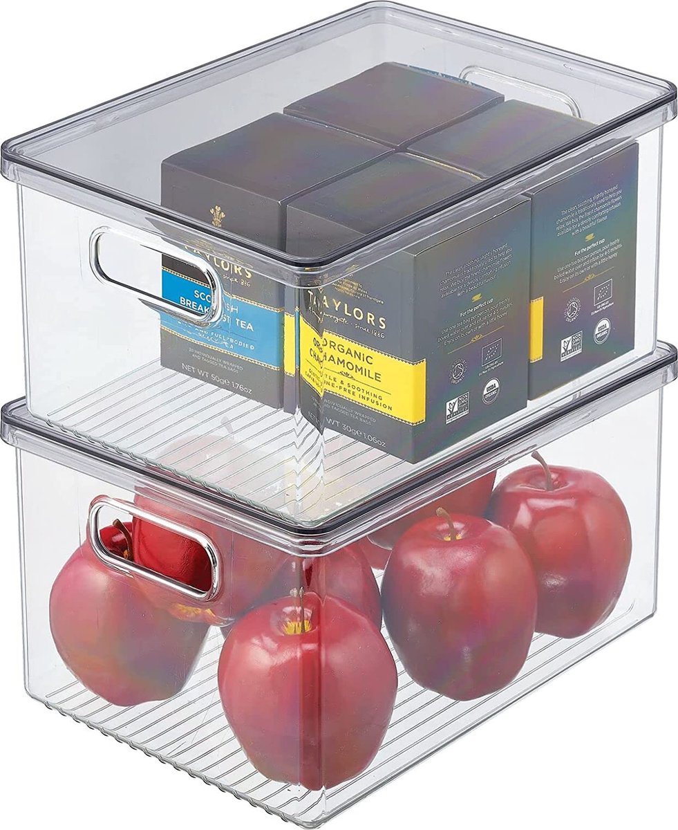 mDesign set van 2 keukenkast organizers – veilige voedselopslagbox met afneembaar deksel en handgrepen – deze vershouddoos is de ideale aanrecht organizer voor keuken en bijkeuken – transparant/grijs