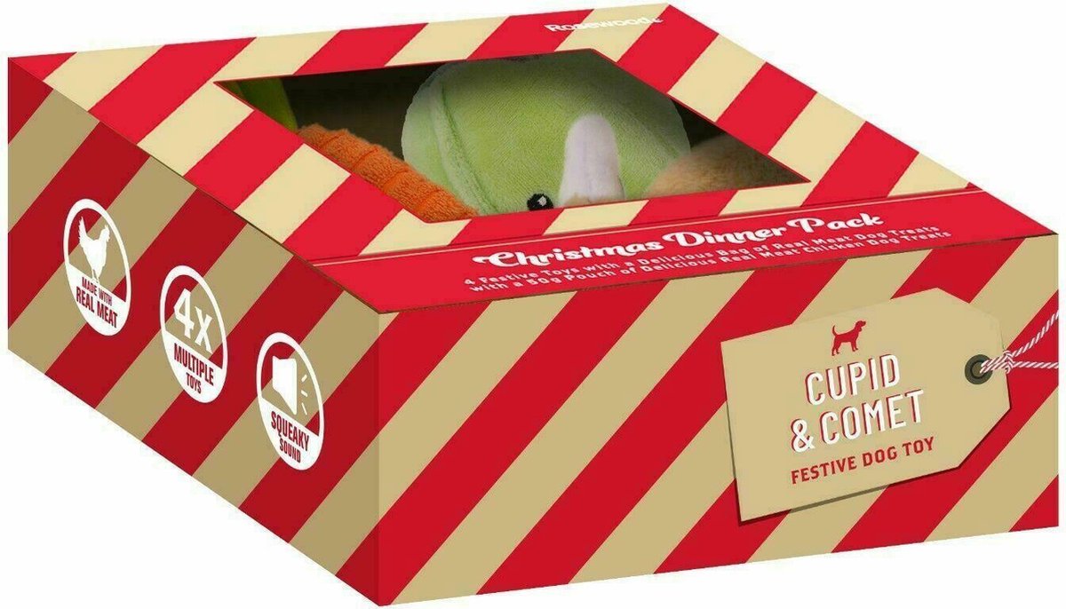 Cupid & Comet Kerstdiner Pakket - Met snacks - speelgoed - voor honden en katten