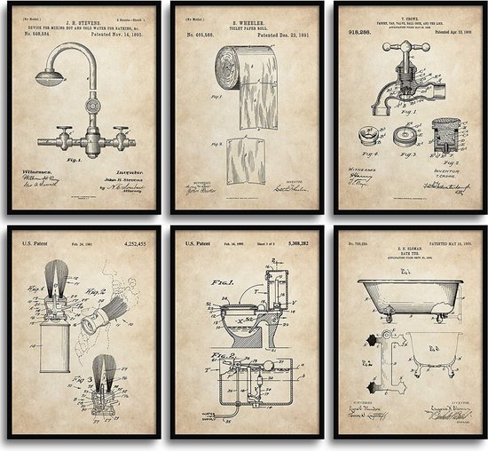 MONOKO® Poster badkamer foto's - stijlvolle wandafbeeldingen toilet - wc - set van 6 zonder lijst (set toilet, patent, vintage, 6x A4 (21 x 29,7cm))