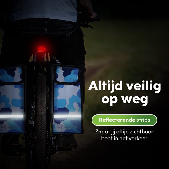 Achterkant van een fiets met dubbele fietstas met blauw camouflagepatroon, reflecterende strips.