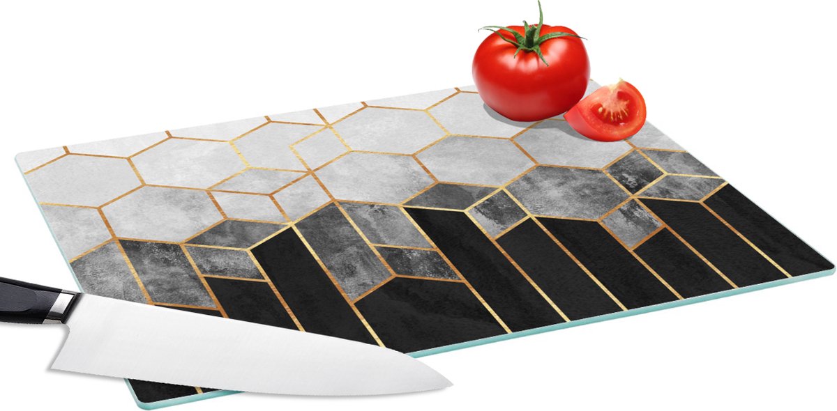 Glazen Snijplank - 39x28 - Goud - Hexagon - Chic - Patronen - Luxe - Snijplanken Glas