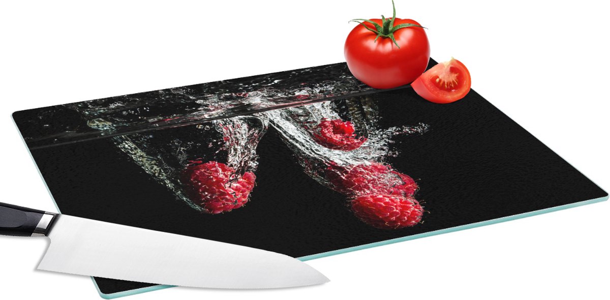 Glazen Snijplank - 39x28 - Frambozen - Fruit - Stilleven - Water - Zwart - Rood - Snijplanken Glas