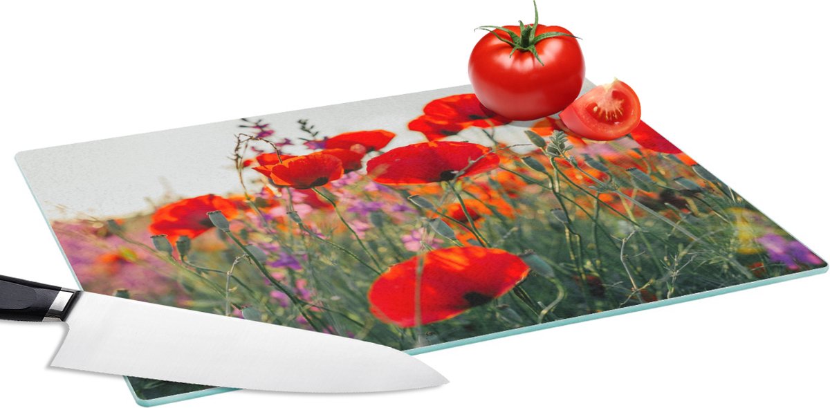 Glazen Snijplank - 39x28 - Klaproos - Bloemen - Rood - Paars - Weide - Snijplanken Glas