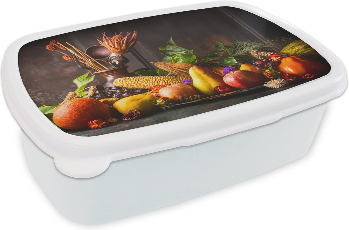 Broodtrommel Wit - Lunchbox - Brooddoos - Groente - Fruit - Rustiek - Tafel - 18x12x6 cm - Volwassenen