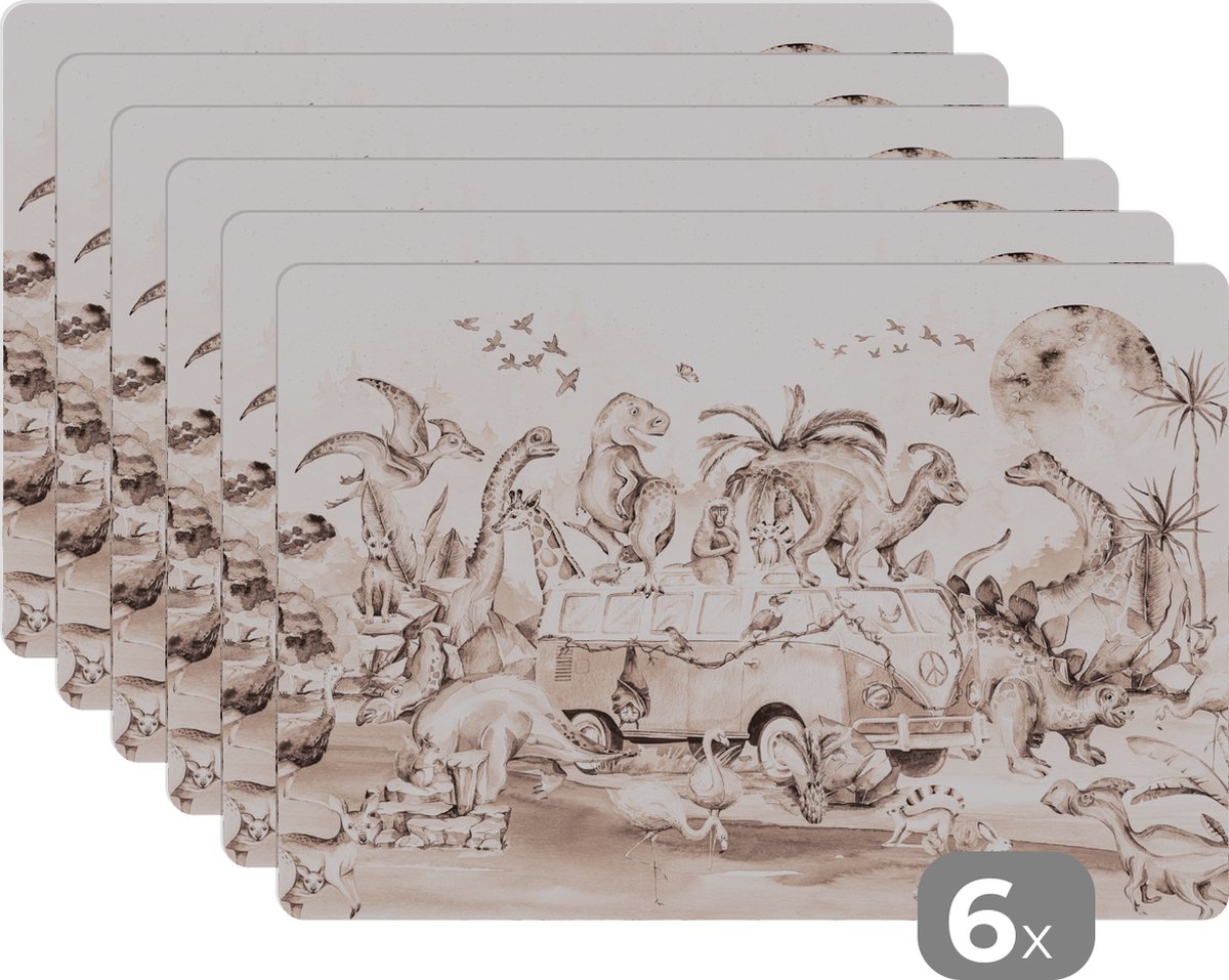 Placemat - Placemats kunststof - 45x30 cm - Dinosaurus - Bus - Kinderen - Dieren - Bomen - 6 stuks - Borden onderleggers antislip - Tafel decoratie - Luxe tafelversiering - Tafelmat vinyl - Bord onderlegger - Tafeldecoratie accessoires
