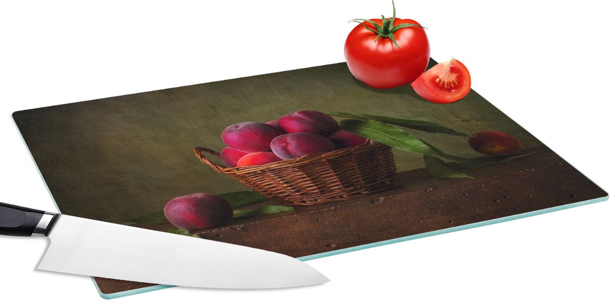 Glazen Snijplank - 39x28 - Mand - Pruim - Roze - Rustiek - Fruit - Stilleven - Snijplanken Glas