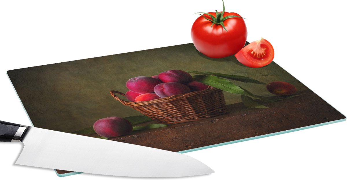 Glazen Snijplank - 28x20 - Mand - Pruim - Roze - Rustiek - Fruit - Stilleven - Snijplanken Glas