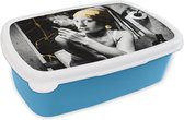 Broodtrommel Blauw - Lunchbox - Brooddoos - Marmerlook - Meisje met de parel - Sigaretten - Toilet - Goud - Kunst - Oude meesters - 18x12x6 cm - Kinderen - Jongen