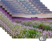 Placemat - Placemats kunststof - Bloemen - Lavendel - Paars - Lucht - Zonsondergang - Weide - Natuur - 45x30 cm - 6 stuks - Hittebestendig - Anti-Slip - Onderlegger - Afneembaar