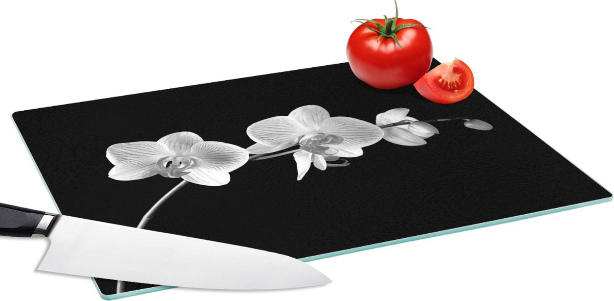 Glazen Snijplank - 39x28 - Orchidee - Bloemen - Zwart - Roze - Knoppen - Snijplanken Glas
