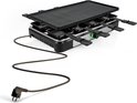 Zwart met zilverkleurige Tristar raclette grill met grillplaat en 8 pannetjes, inclusief stekker.