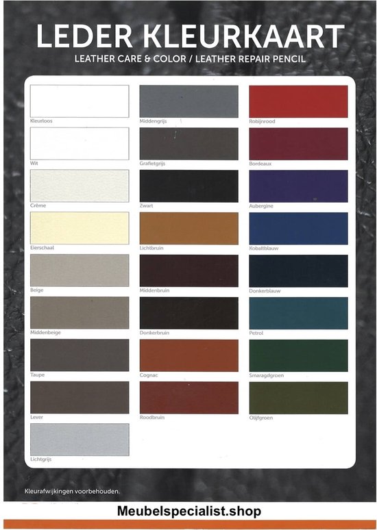 Leer kleurkaart met diverse kleurstalen: Kleurloos, Wit, Crème, Eierschaal, Beige, Middenbeige, Taupe, Lever, Lichtgrijs, Middengrijs, Grafietgrijs, Zwart, Lichtbruin, Middenbruin, Donkerbruin, Cognac, Roodbruin. En Robinrood, Bordeaux, Aubergine, Kobaltblauw, Donkerblauw, Petrol, Smaragdgroen, Olijfgroen.
