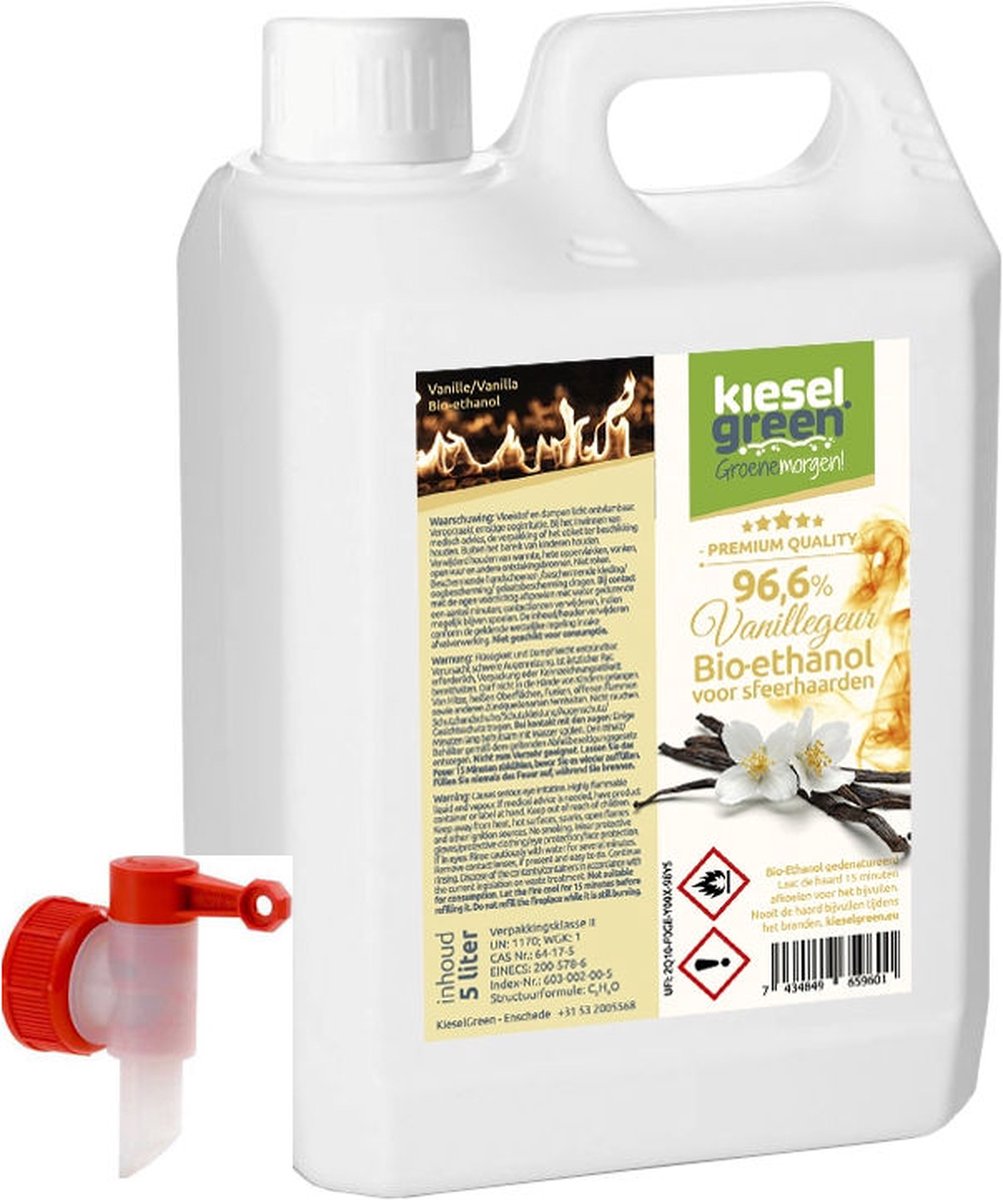 KieselGreen 5 Liter Bio-Ethanol met Vanille Aroma - Bioethanol 96.6%, Veilig voor Sfeerhaarden en Tafelhaarden, Milieuvriendelijk - Premium Kwaliteit Ethanol voor Binnen en Buiten