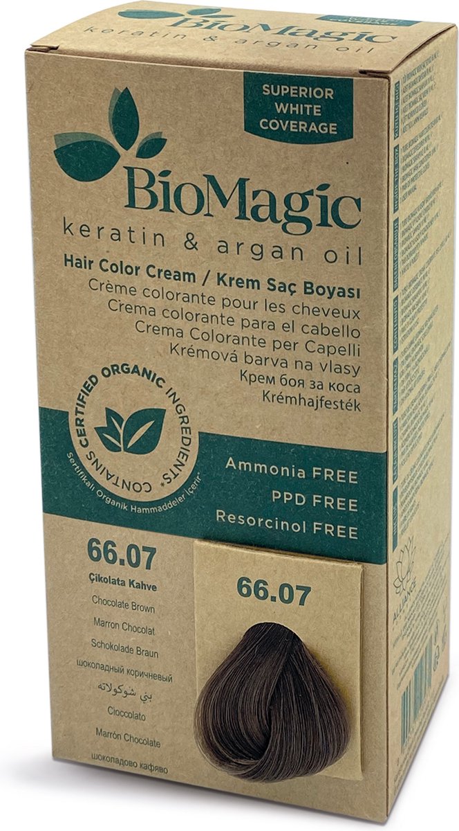Permanente Haarverf met Biologische Ingrediënten CHOCOLADE BRUIN 66/07 BioMagic (*) Natuurlijke Haarverf in Apotheken [Ammoniak vrij/ PPD vrij/ Resorcinol vrij]