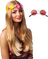 Hippie Flower Power verkleed hoofdband en ronde rode glazen party bril