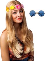 Hippie Flower Power verkleed hoofdband en ronde blauwe glazen party bril