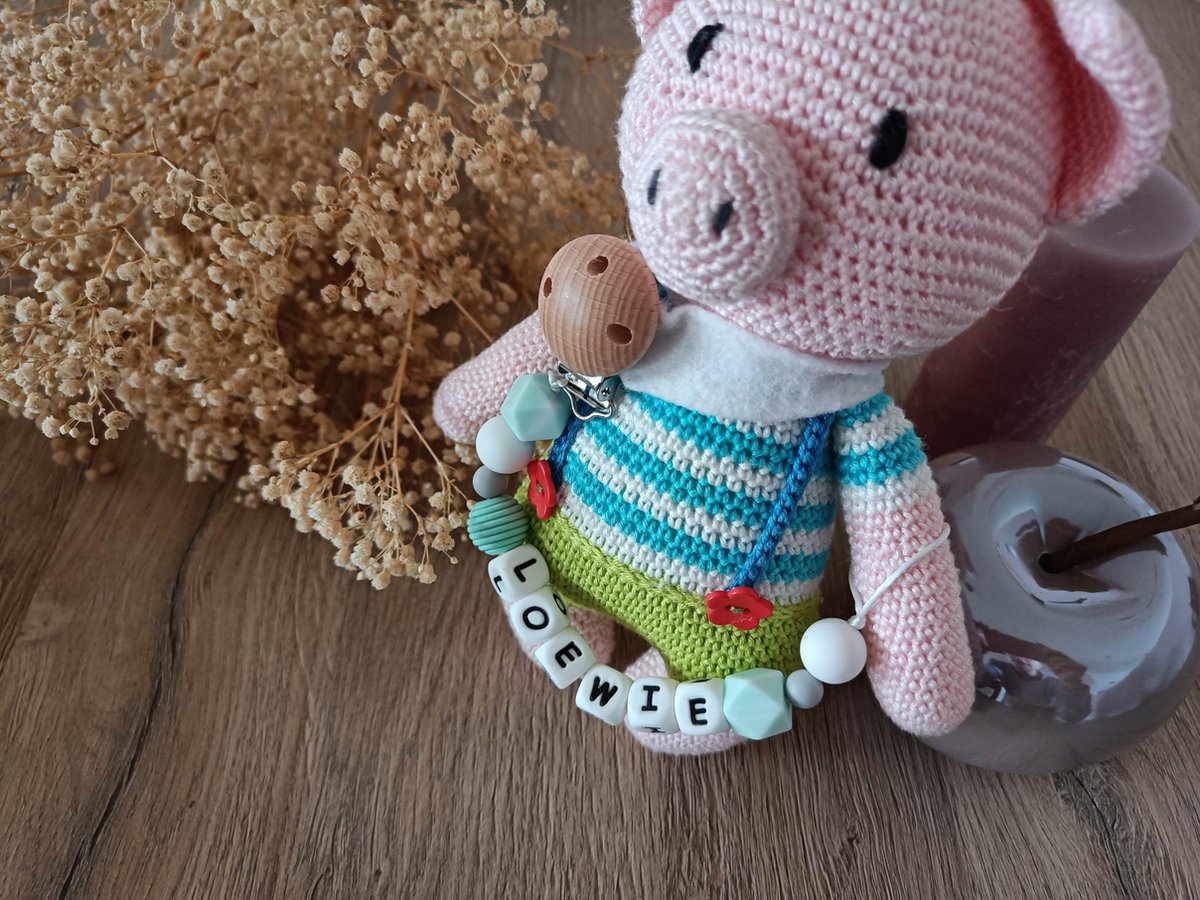 Fopspeenketting met naam - Gepersonaliseerde speenketting - Kraamcadeau - Gepersonaliseerd cadeau - Ketting voor fopspeen - Grey Green