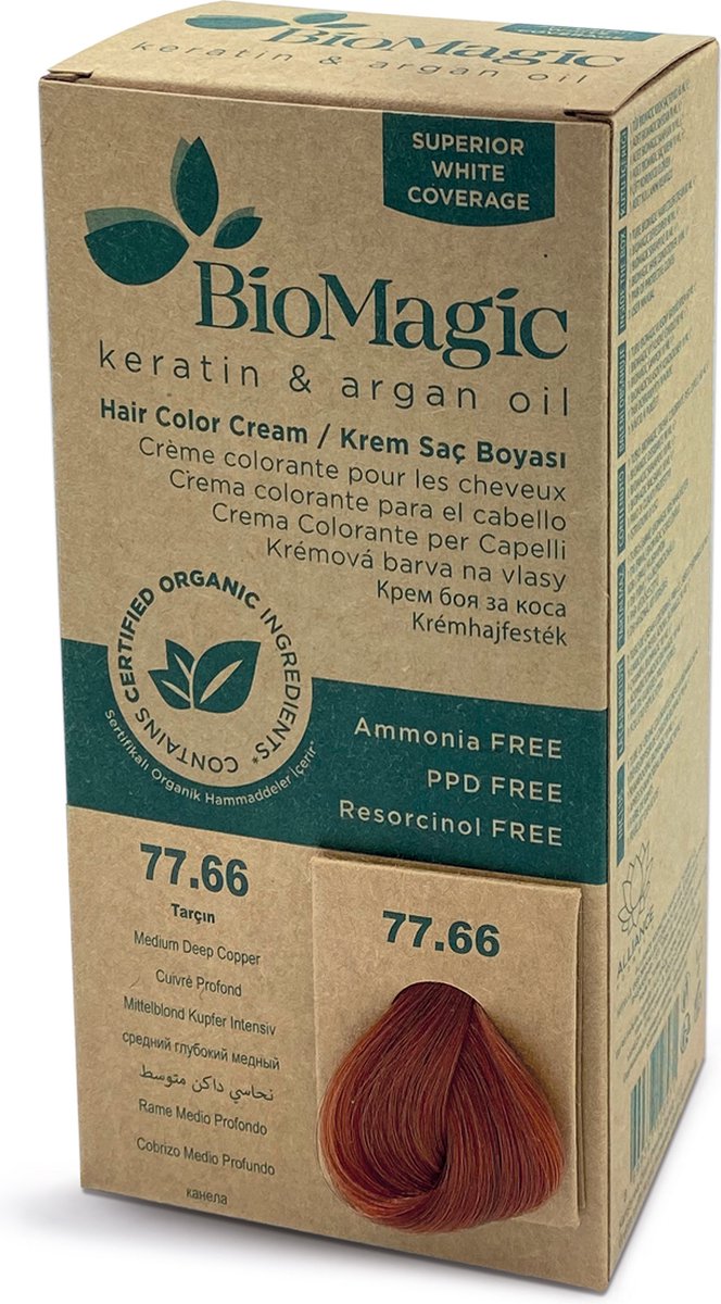 Natuurlijke Biologische haarverf, verrijkt met Keratine en Arganolie, zonder Ammoniak, PPD en Resorcinol- MEDIUM DIEP KOPER 77/66 - Je haar kleuren en verzorgen in één met BioMagic permanente haarverf! - Organic - Dierproefvrij - 100% Grijsdekkend