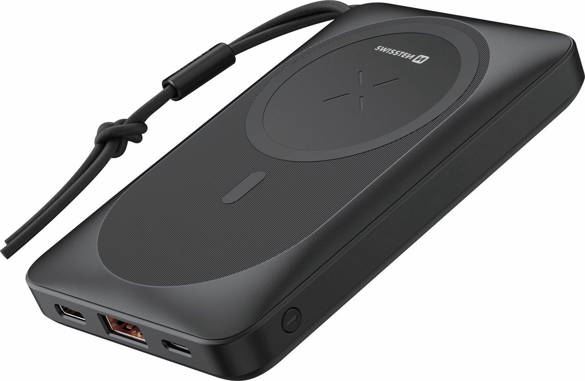 Swissten MagSafe Compatible Powerbank - 10.000 mAh - Geschikt voor Apple iPhone 12/13/14/15 modellen - Draadloos opladen + USB & USB-C - Zwart