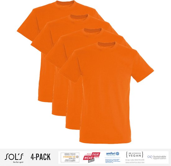 4 Pack Sol's Heren T-Shirt 100% biologisch katoen Ronde hals Oranje Maat XXL