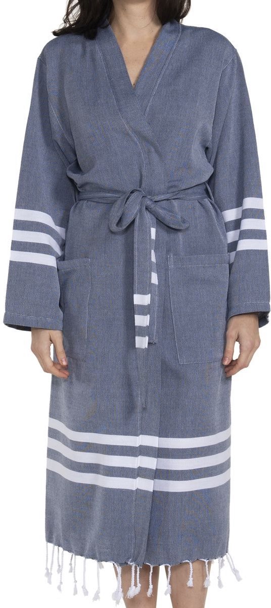 Lalay Hamam Badjas Bala Sultan Navy - XL - met franje - hamam kimono badjas - ochtendjas - sauna badjas - zomer badjas - middellang - dun