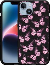 Geschikt voor Apple iPhone 14 Hoesje Zwart Roze Vlinders - Designed by Cazy