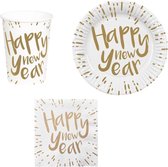 Happy New Year - Gobelets, assiettes et serviettes en papier - Saint- nieuw - Goud / Wit - Carton - lot de 6 gobelets, 6 assiettes et 12 serviettes